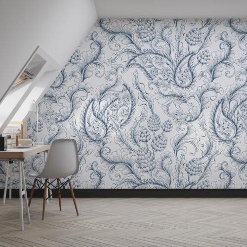 Blue & White Damask Wallpaper - Elegant Floral Wall Mural - Classic & Sophisticated Mural - Living Room, Bedroom & Dining Room Decor