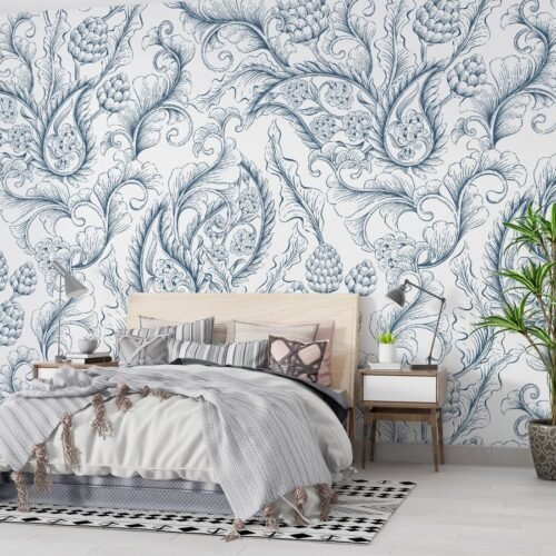 Blue & White Damask Wallpaper - Elegant Floral Wall Mural - Classic & Sophisticated Mural - Living Room, Bedroom & Dining Room Decor