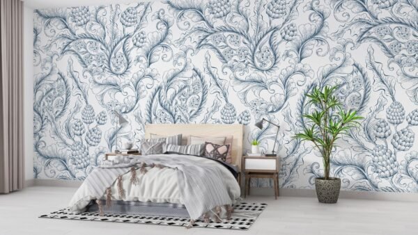 Blue & White Damask Wallpaper - Elegant Floral Wall Mural - Classic & Sophisticated Mural - Living Room, Bedroom & Dining Room Decor