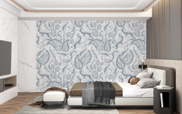 Blue & White Damask Wallpaper - Elegant Floral Wall Mural - Classic & Sophisticated Mural - Living Room, Bedroom & Dining Room Decor