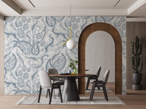 Blue & White Damask Wallpaper - Elegant Floral Wall Mural - Classic & Sophisticated Mural - Living Room, Bedroom & Dining Room Decor