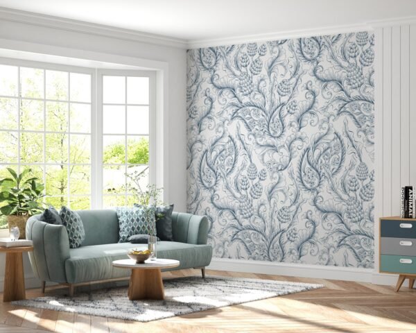 Blue & White Damask Wallpaper - Elegant Floral Wall Mural - Classic & Sophisticated Mural - Living Room, Bedroom & Dining Room Decor