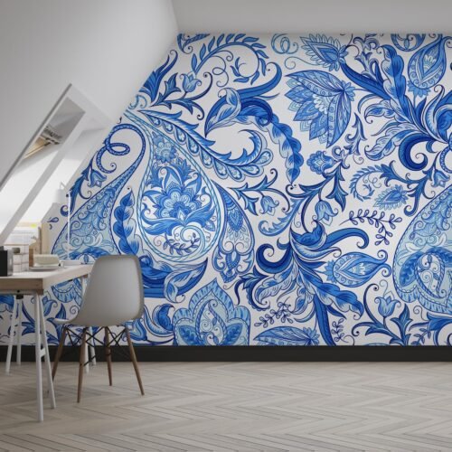 Paisley Damask Wallpaper - Blue & White Wall Mural - Luxury Classic Mural - Bedroom, Living Room & Dining Room Decor - Elegant Home Inspo