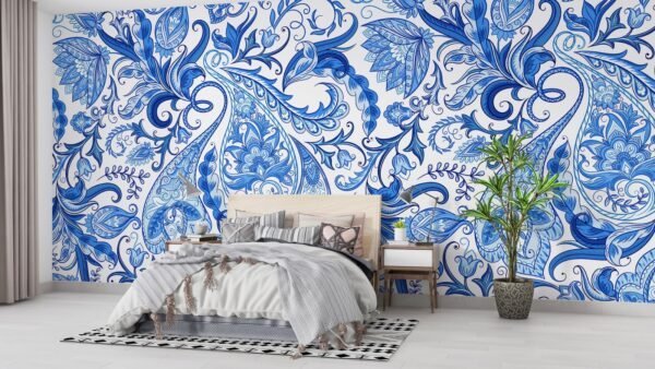 Paisley Damask Wallpaper - Blue & White Wall Mural - Luxury Classic Mural - Bedroom, Living Room & Dining Room Decor - Elegant Home Inspo