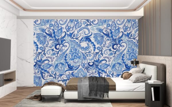 Paisley Damask Wallpaper - Blue & White Wall Mural - Luxury Classic Mural - Bedroom, Living Room & Dining Room Decor - Elegant Home Inspo