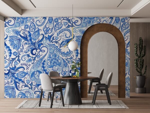 Paisley Damask Wallpaper - Blue & White Wall Mural - Luxury Classic Mural - Bedroom, Living Room & Dining Room Decor - Elegant Home Inspo