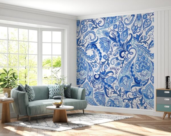 Paisley Damask Wallpaper - Blue & White Wall Mural - Luxury Classic Mural - Bedroom, Living Room & Dining Room Decor - Elegant Home Inspo