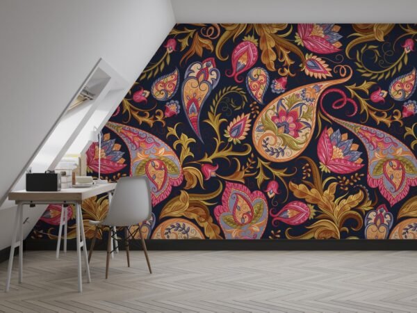 Paisley Floral Damask Wallpaper - Bohemian & Eclectic Wall Mural - Colorful & Intricate Mural - Living Room & Bedroom Decor