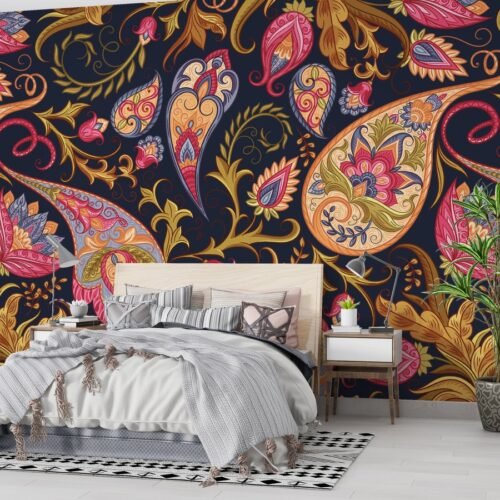 Paisley Floral Damask Wallpaper - Bohemian & Eclectic Wall Mural - Colorful & Intricate Mural - Living Room & Bedroom Decor