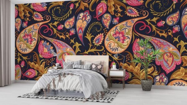 Paisley Floral Damask Wallpaper - Bohemian & Eclectic Wall Mural - Colorful & Intricate Mural - Living Room & Bedroom Decor