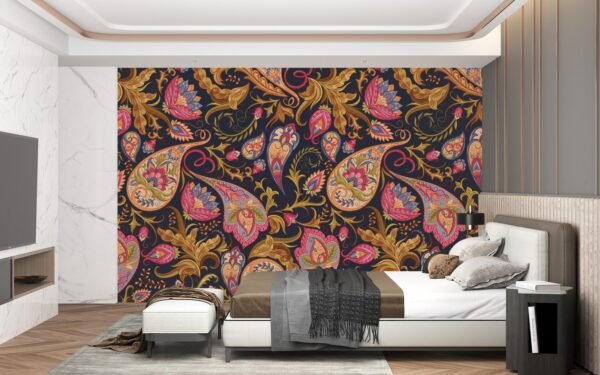 Paisley Floral Damask Wallpaper - Bohemian & Eclectic Wall Mural - Colorful & Intricate Mural - Living Room & Bedroom Decor