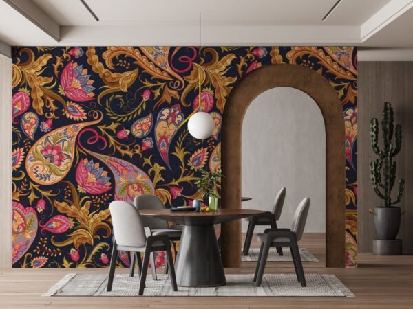 Paisley Floral Damask Wallpaper - Bohemian & Eclectic Wall Mural - Colorful & Intricate Mural - Living Room & Bedroom Decor