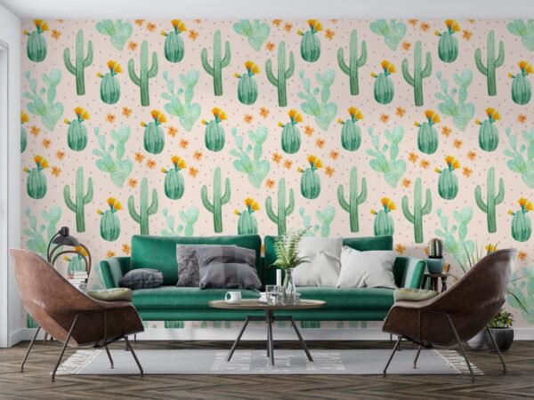 Watercolor Cactus Wallpaper - Whimsical Pink & Green Wall Mural - Nature Theme - Home Decor - Living Room, Bedroom & Kids Room Decor