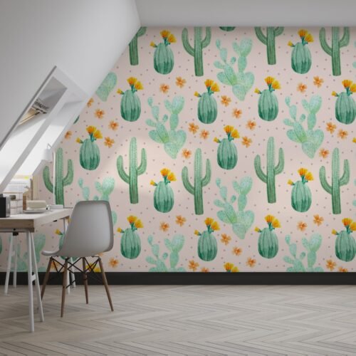 Watercolor Cactus Wallpaper - Whimsical Pink & Green Wall Mural - Nature Theme - Home Decor - Living Room, Bedroom & Kids Room Decor