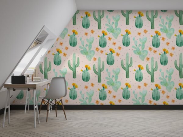 Watercolor Cactus Wallpaper - Whimsical Pink & Green Wall Mural - Nature Theme - Home Decor - Living Room, Bedroom & Kids Room Decor