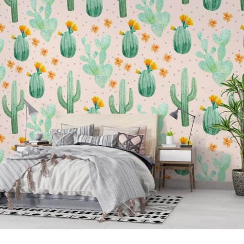 Watercolor Cactus Wallpaper - Whimsical Pink & Green Wall Mural - Nature Theme - Home Decor - Living Room, Bedroom & Kids Room Decor