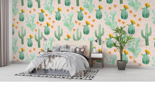 Watercolor Cactus Wallpaper - Whimsical Pink & Green Wall Mural - Nature Theme - Home Decor - Living Room, Bedroom & Kids Room Decor