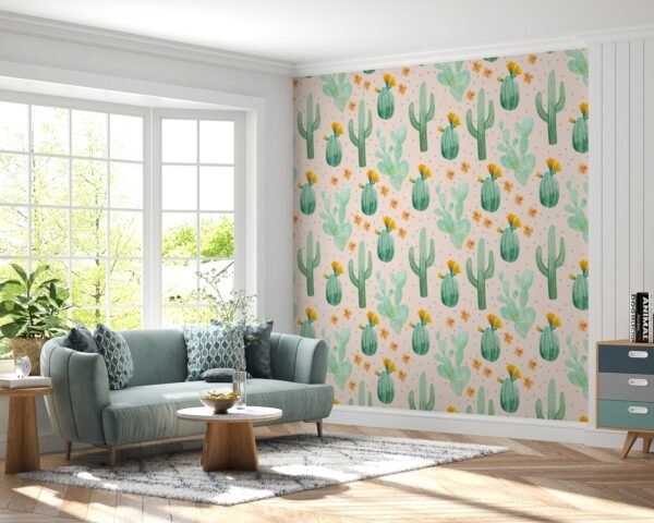 Watercolor Cactus Wallpaper - Whimsical Pink & Green Wall Mural - Nature Theme - Home Decor - Living Room, Bedroom & Kids Room Decor