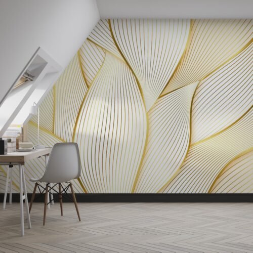 Golden Waves Wallpaper - Modern Wall Mural - 3D Effect Wall Art - Gold & White Geometric Mural - Home Decor - Living Room & Bedroom Decor