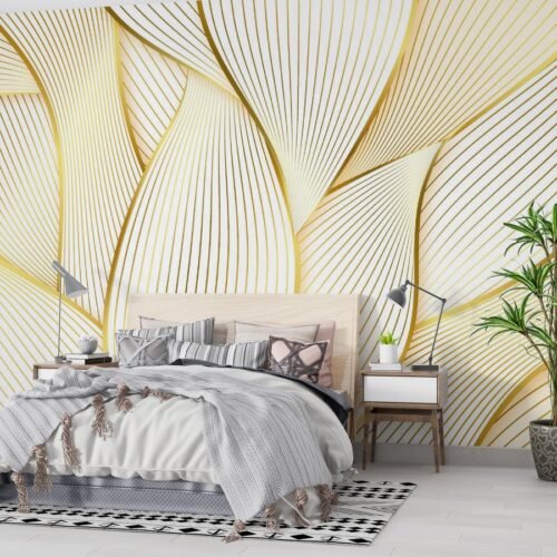 Golden Waves Wallpaper - Modern Wall Mural - 3D Effect Wall Art - Gold & White Geometric Mural - Home Decor - Living Room & Bedroom Decor