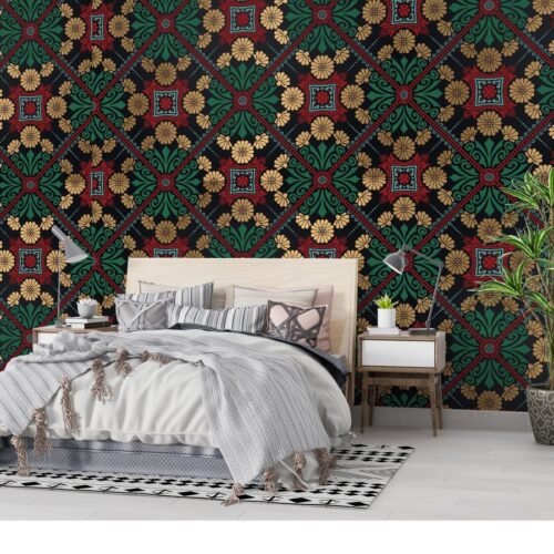 Bohemian Floral Damask Wallpaper - 3D Effect Wall Mural - Eclectic & Maximalist Decor - Blue, Green, Gold & Red Colors - Living Room & Bedroom