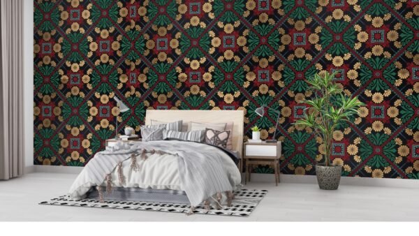 Bohemian Floral Damask Wallpaper - 3D Effect Wall Mural - Eclectic & Maximalist Decor - Blue, Green, Gold & Red Colors - Living Room & Bedroom