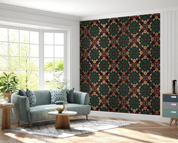 Bohemian Floral Damask Wallpaper - 3D Effect Wall Mural - Eclectic & Maximalist Decor - Blue, Green, Gold & Red Colors - Living Room & Bedroom