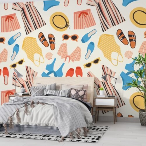 Summer Vibes Wallpaper - Colorful & Playful Wall Mural - Tropical & Urban Theme - Home Office Decor - Bright & Eye-Catching Mural - Fun Home Inspo