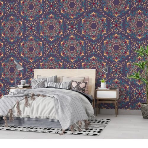 Enchanted Garden Wallpaper - Bohemian Floral Mandala Wall Mural - Jewel Tone Colors - Purple, Emerald & Sapphire - Living, Bedroom & Dining Room