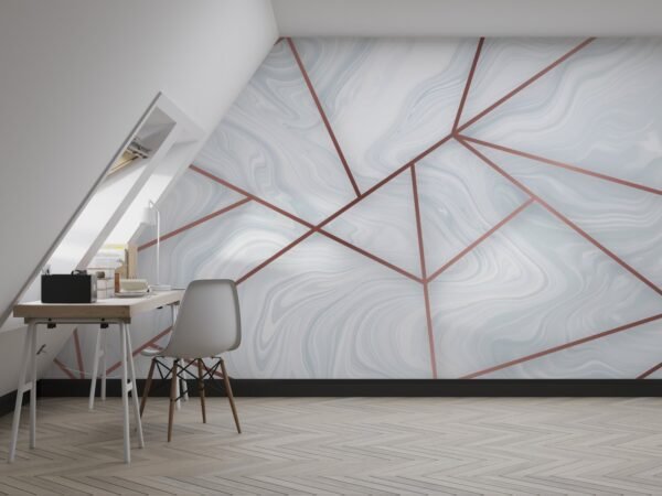 Geometric Marble Wallpaper - Modern & Stylish Wall Mural - Grey & White with Copper Accents - Home Office, Living Room & Bedroom Decor