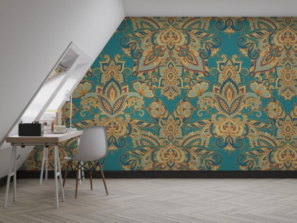 Paisley Damask Wallpaper - Bohemian & Eclectic Wall Mural - Intricate Mural - Teal, Gold & Purple Colors - Living Room & Bedroom Decor