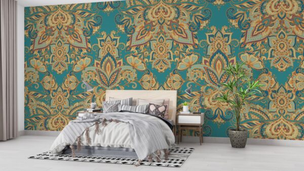 Paisley Damask Wallpaper - Bohemian & Eclectic Wall Mural - Intricate Mural - Teal, Gold & Purple Colors - Living Room & Bedroom Decor