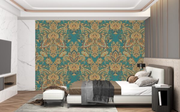 Paisley Damask Wallpaper - Bohemian & Eclectic Wall Mural - Intricate Mural - Teal, Gold & Purple Colors - Living Room & Bedroom Decor