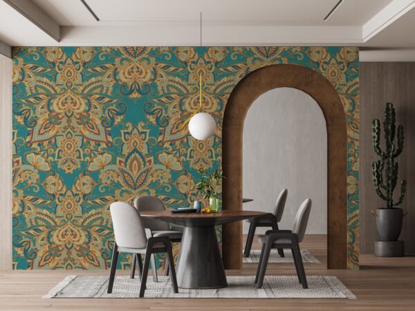 Paisley Damask Wallpaper - Bohemian & Eclectic Wall Mural - Intricate Mural - Teal, Gold & Purple Colors - Living Room & Bedroom Decor