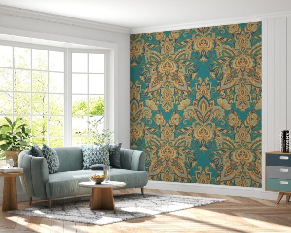 Paisley Damask Wallpaper - Bohemian & Eclectic Wall Mural - Intricate Mural - Teal, Gold & Purple Colors - Living Room & Bedroom Decor