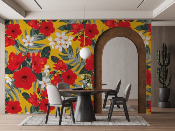 Tropical Floral Wallpaper - Yellow & Green Wall Mural with Red & White Accents - 3D Effect Wall Art - Home Office, Living Room & Bedroom Decor