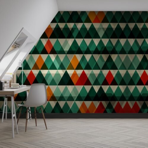 Geometric Wallpaper - Modern & Bold Wall Mural - Green, Orange & Red - Tropical & Urban Theme - Home Office Decor - Durable & Easy to Clean