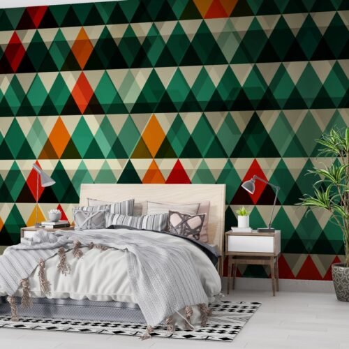 Geometric Wallpaper - Modern & Bold Wall Mural - Green, Orange & Red - Tropical & Urban Theme - Home Office Decor - Durable & Easy to Clean