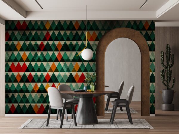 Geometric Wallpaper - Modern & Bold Wall Mural - Green, Orange & Red - Tropical & Urban Theme - Home Office Decor - Durable & Easy to Clean