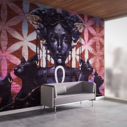 Urban Goddess Wallpaper - Graffiti & Street Art Wall Mural - Modern & Contemporary Mural - Pink & Black Colors - Living Room & Bedroom Decor