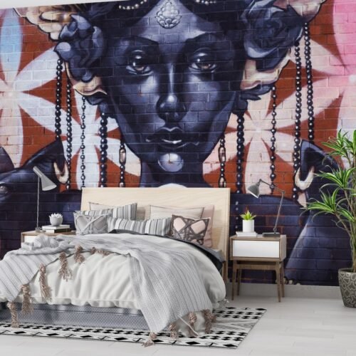 Urban Goddess Wallpaper - Graffiti & Street Art Wall Mural - Modern & Contemporary Mural - Pink & Black Colors - Living Room & Bedroom Decor