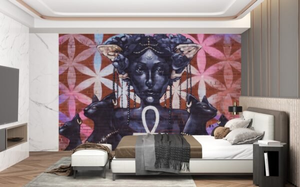 Urban Goddess Wallpaper - Graffiti & Street Art Wall Mural - Modern & Contemporary Mural - Pink & Black Colors - Living Room & Bedroom Decor