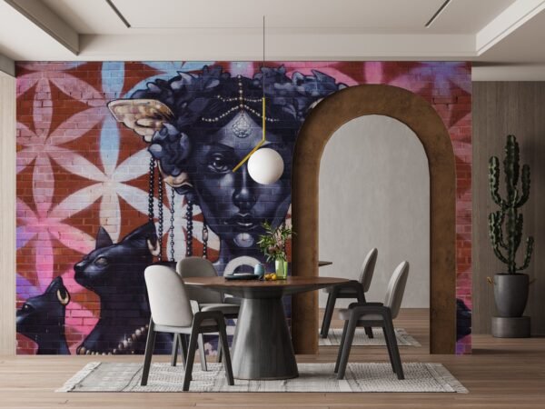 Urban Goddess Wallpaper - Graffiti & Street Art Wall Mural - Modern & Contemporary Mural - Pink & Black Colors - Living Room & Bedroom Decor