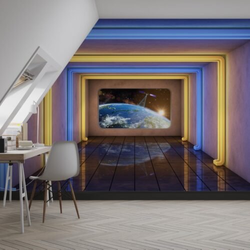 Sci-Fi Office Wallpaper - Futuristic Space Wall Mural - Blue & Yellow Colors - Modern Mural - Home Office & Study Decor - Kids Room