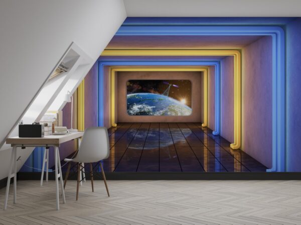 Sci-Fi Office Wallpaper - Futuristic Space Wall Mural - Blue & Yellow Colors - Modern Mural - Home Office & Study Decor - Kids Room