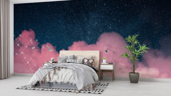 Dreamy Nebula Wallpaper - Pink Clouds & Starry Night Sky Wall Mural - 3D Effect Wall Art - Calming Mural - Bedroom & Kids Room Decor