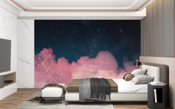 Dreamy Nebula Wallpaper - Pink Clouds & Starry Night Sky Wall Mural - 3D Effect Wall Art - Calming Mural - Bedroom & Kids Room Decor