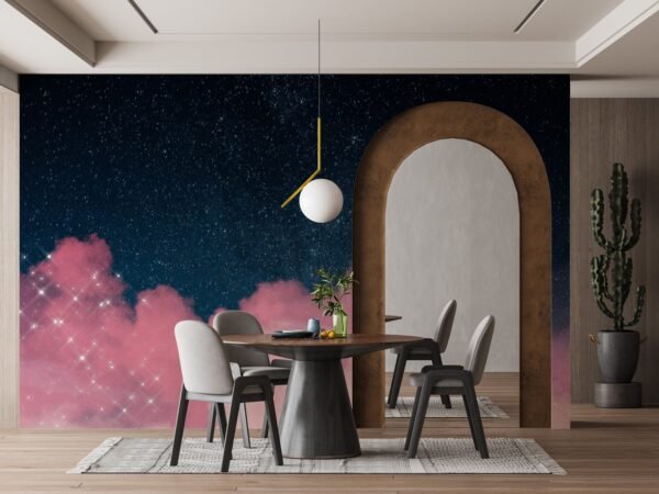 Dreamy Nebula Wallpaper - Pink Clouds & Starry Night Sky Wall Mural - 3D Effect Wall Art - Calming Mural - Bedroom & Kids Room Decor