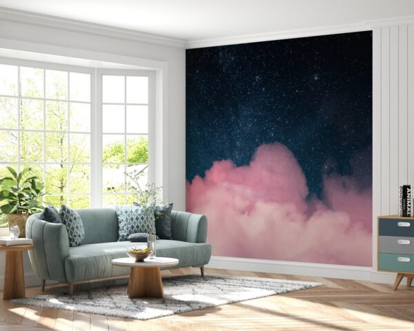 Dreamy Nebula Wallpaper - Pink Clouds & Starry Night Sky Wall Mural - 3D Effect Wall Art - Calming Mural - Bedroom & Kids Room Decor