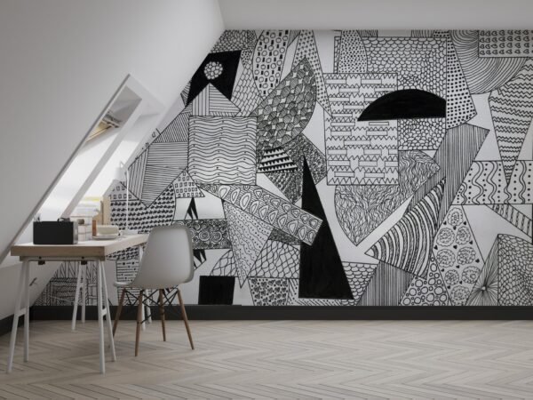 Hand-Drawn Doodle Wallpaper - Black & White Wall Mural - Whimsical & Versatile Mural - Living Room, Bedroom & Kids Room Decor